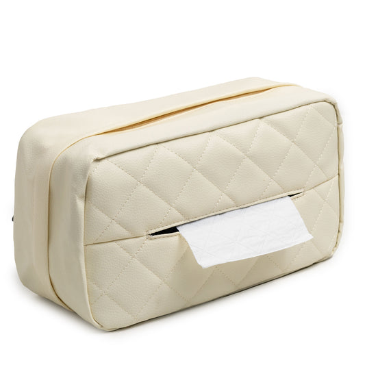 White 2-Pack Car Tissue Box Holder Set - Universal Sun Visor & Seat Back PU Leather Organizer