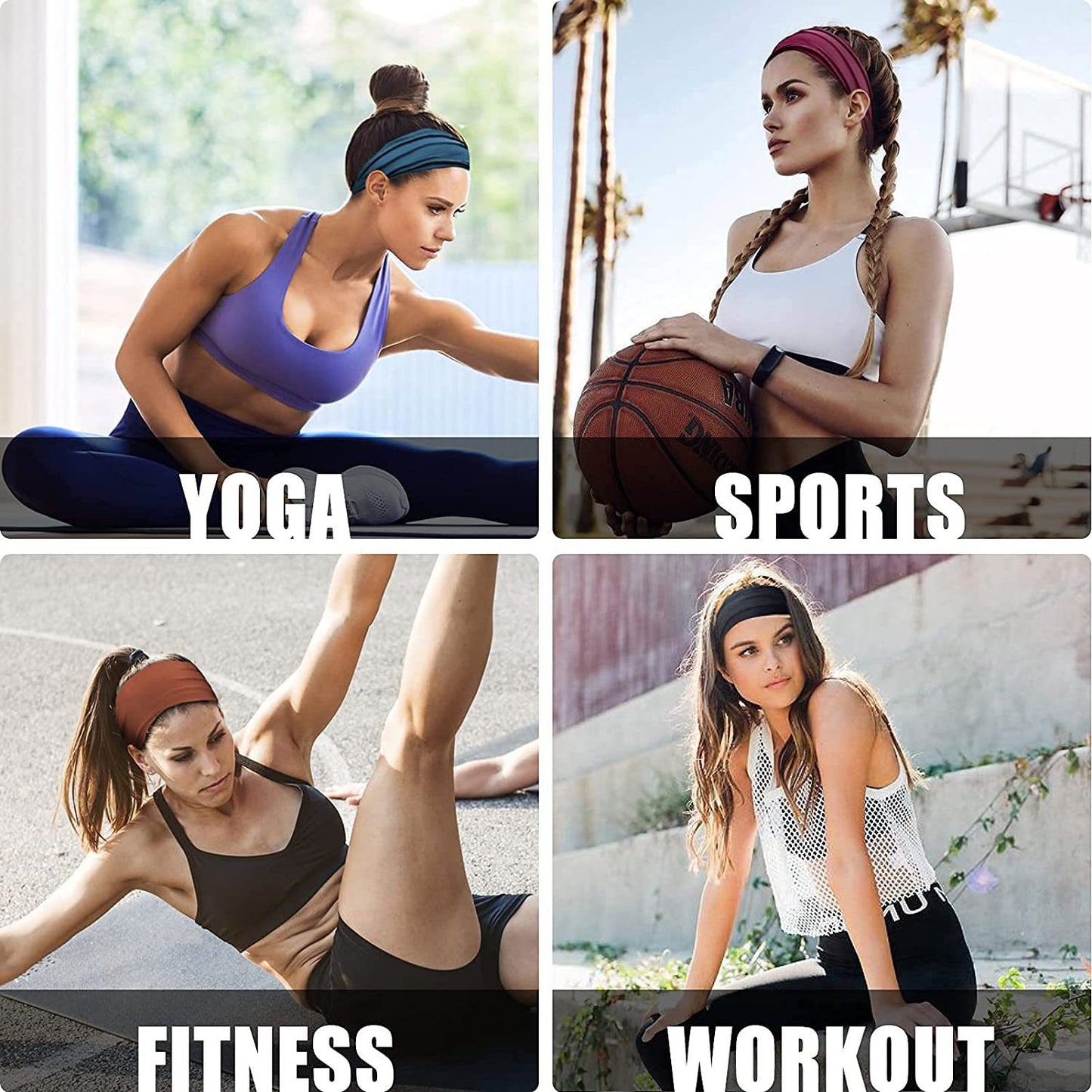 Pink 5-Pack Wide Sports Headbands for Women - Non-Slip Yoga Headwraps with Sweat-Wicking Fabric (88% Nylon+12% Spandex)