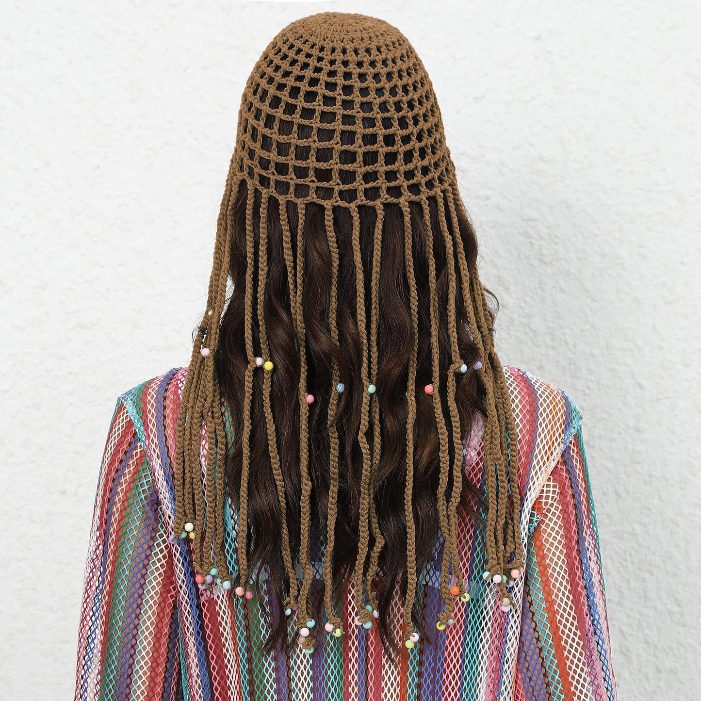 Coffee Boho Hand-Crocheted Tassel Sun Hat - Lightweight Breathable Beach Cap (Fits 55-60cm)