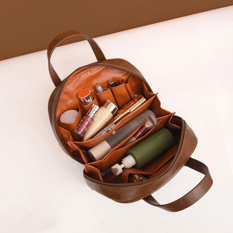 Black Retro PU Leather Cosmetic Bag - Large Capacity Travel Toiletry Organizer Pouch
