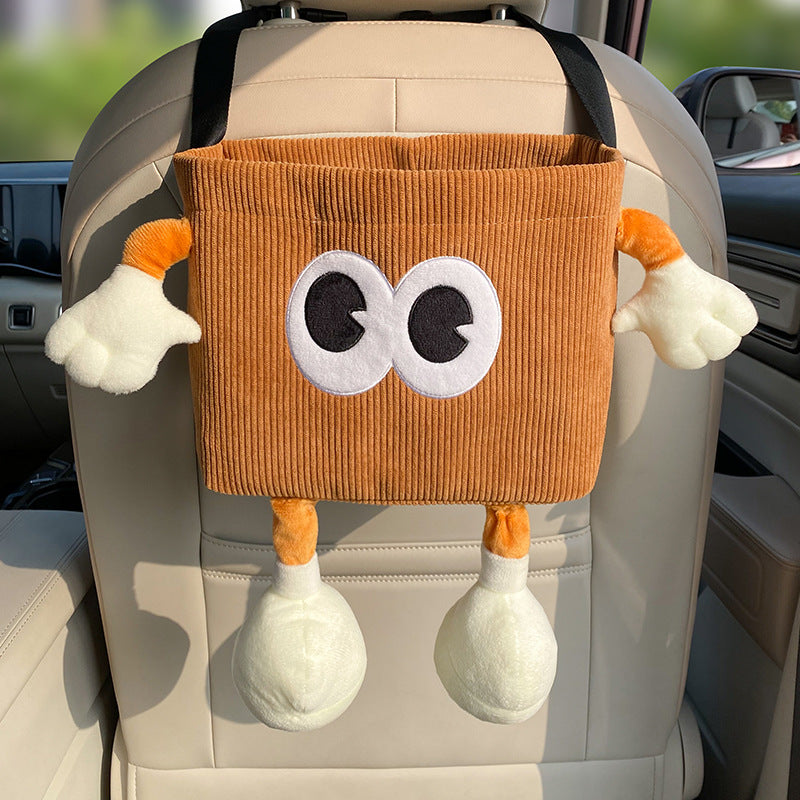 Brown Cute Cartoon Car Trash Bin with Adjustable Strap - Water-Repellent Corduroy (19x24cm)