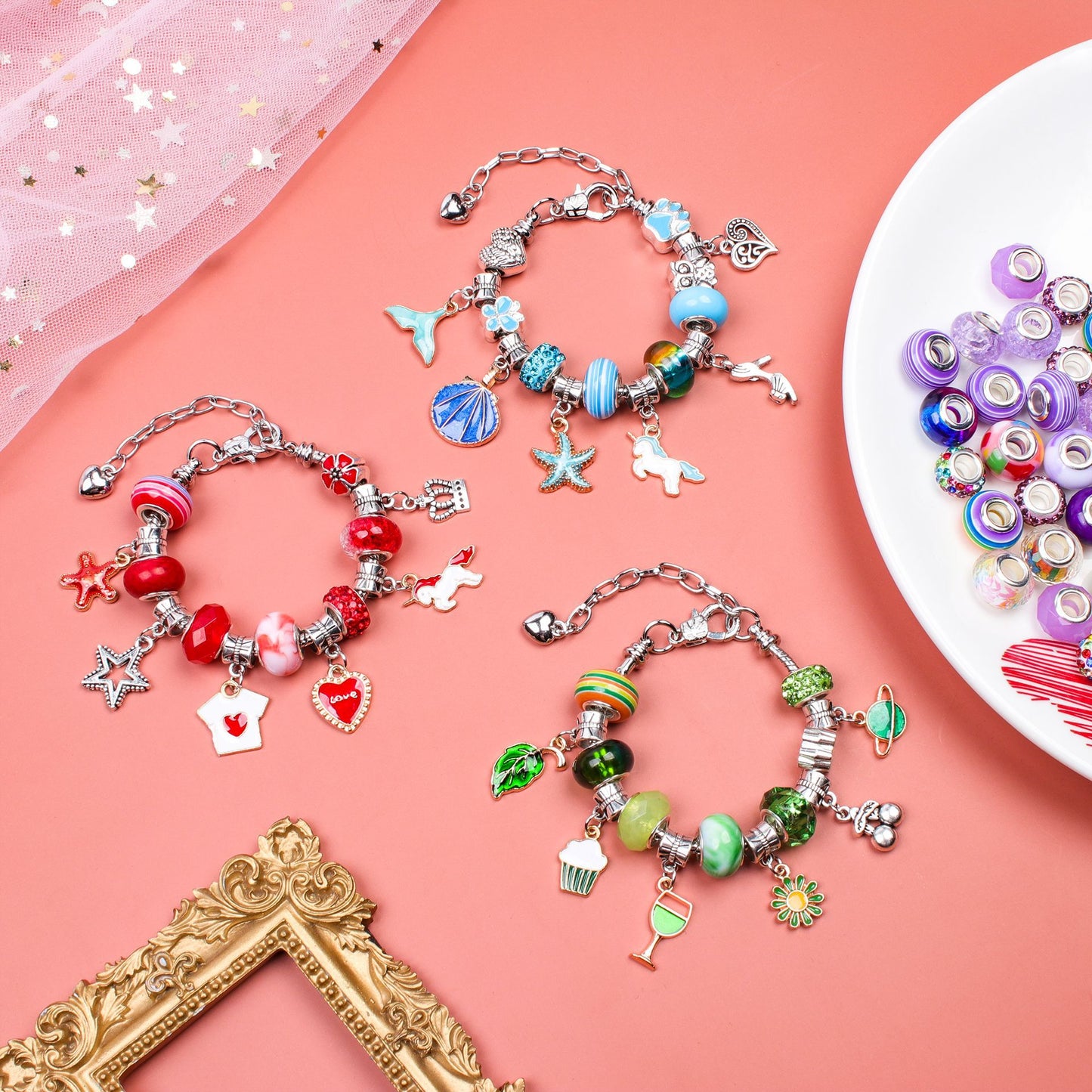 Unicorn DIY Beaded Bracelet Kit for Kids - Blue Crystal Beads and Charms Jewelry Set with Gift Box