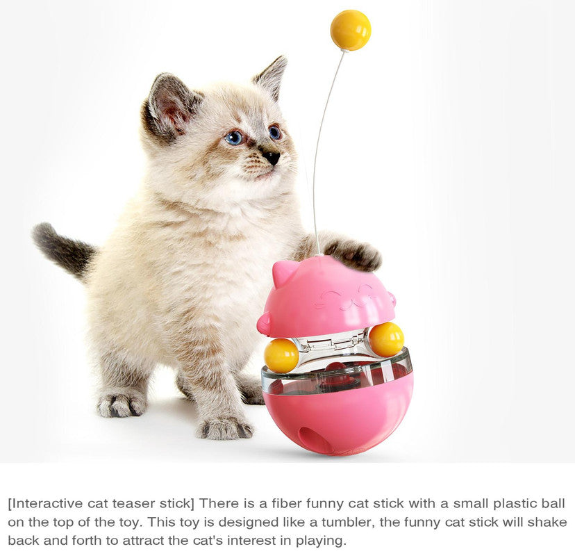 Cat Teaser Cup Toy, Interactive Treat Dispensing Ball with Wand (Pink)
