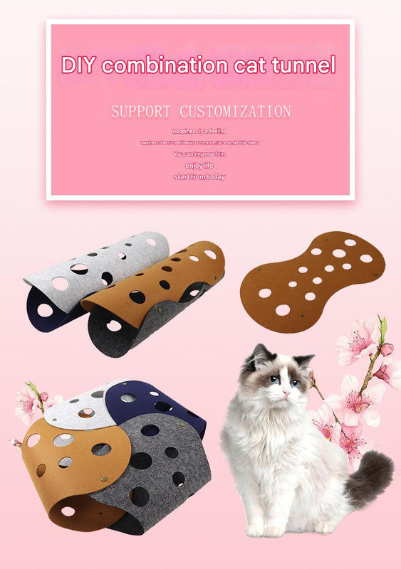 DIY Felt Cat Tunnel - Foldable Egg Roll-Shaped Pet Toy with Multiple Holes(Dark Gray + Orange)
