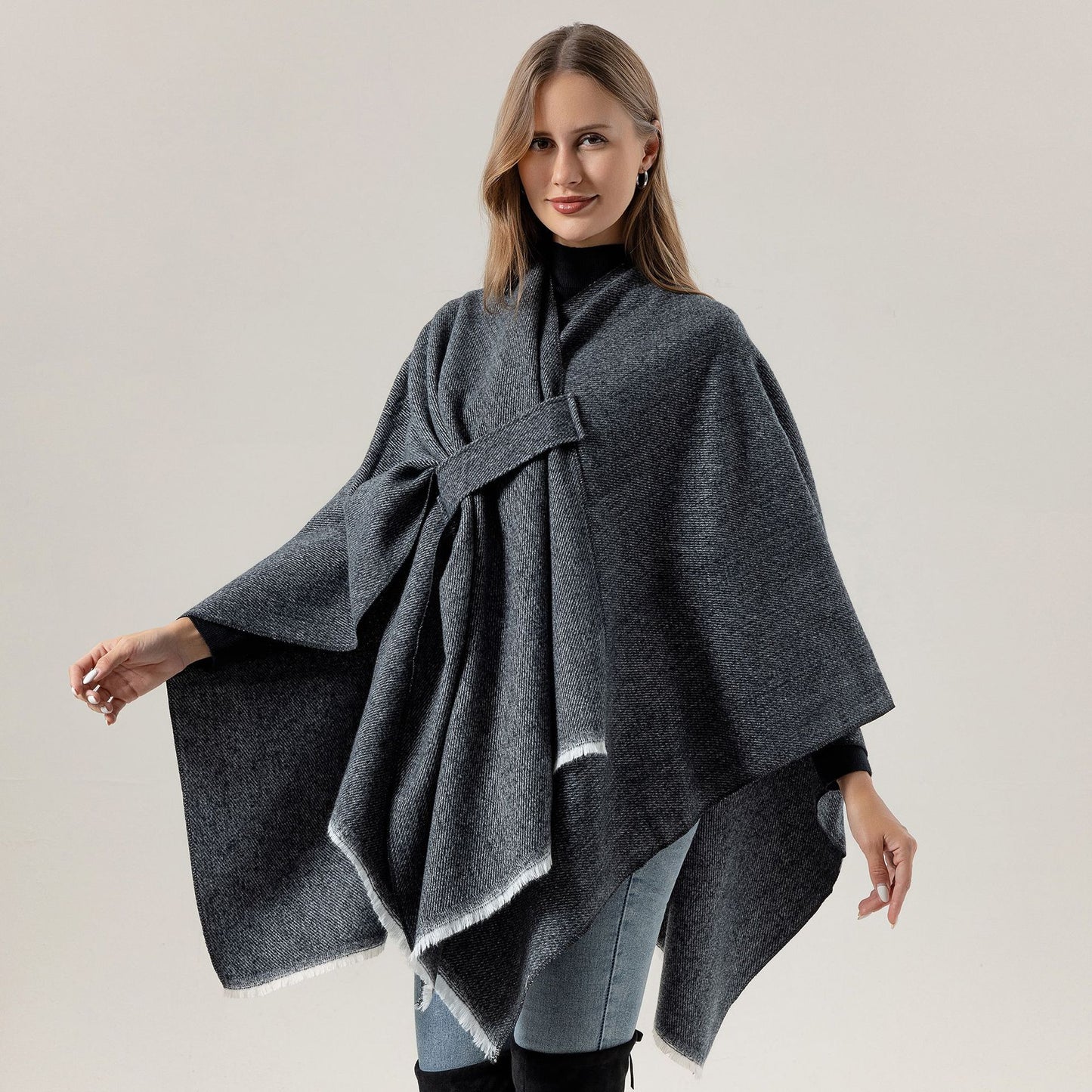 Solid Knit Poncho Shawl,Warm Fall/Winter Cape with Slit and Crossbar Design(Navy blue)