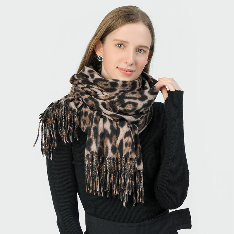 Stylish Animal Print Scarf - Warm Fall/Winter Shawl with Tassels, Imitation Cashmere(Light brown)