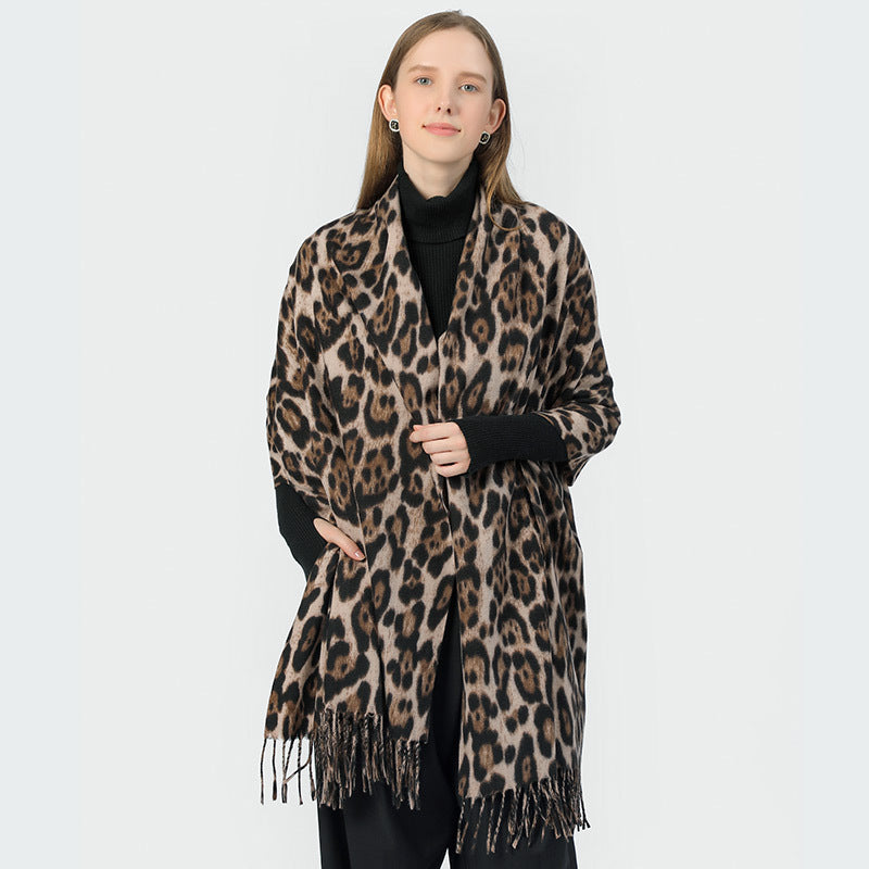 Stylish Animal Print Scarf - Warm Fall/Winter Shawl with Tassels, Imitation Cashmere(Wine red)