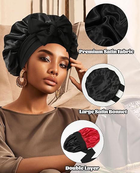 Luxury Double-Sided Satin Bonnet with Elastic Band(Black + black lining)