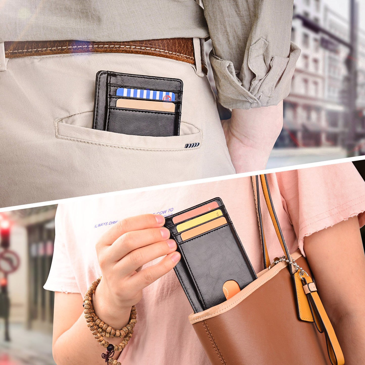 Slim Minimalist Leather Wallet with ID Window & RFID Blocking - Holds 12 Cards & Cash(Yellow Brown)