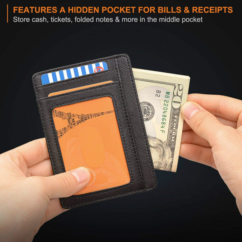 Slim Minimalist Leather Wallet with ID Window & RFID Blocking - Holds 12 Cards & Cash(Red)