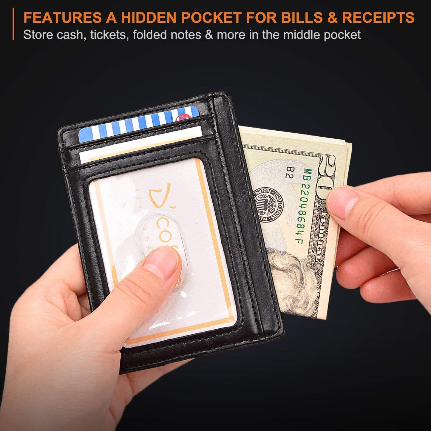 Slim Minimalist Leather Wallet with ID Window & RFID Blocking - Holds 12 Cards & Cash(Dark green)