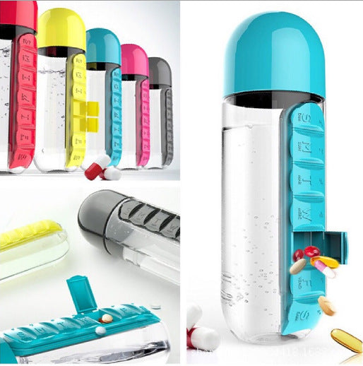 2pc 2-in-1 Water Bottle with 7-Day Pill Organizer - 600ml BPA-Free, Portable & Leakproof(Blue)