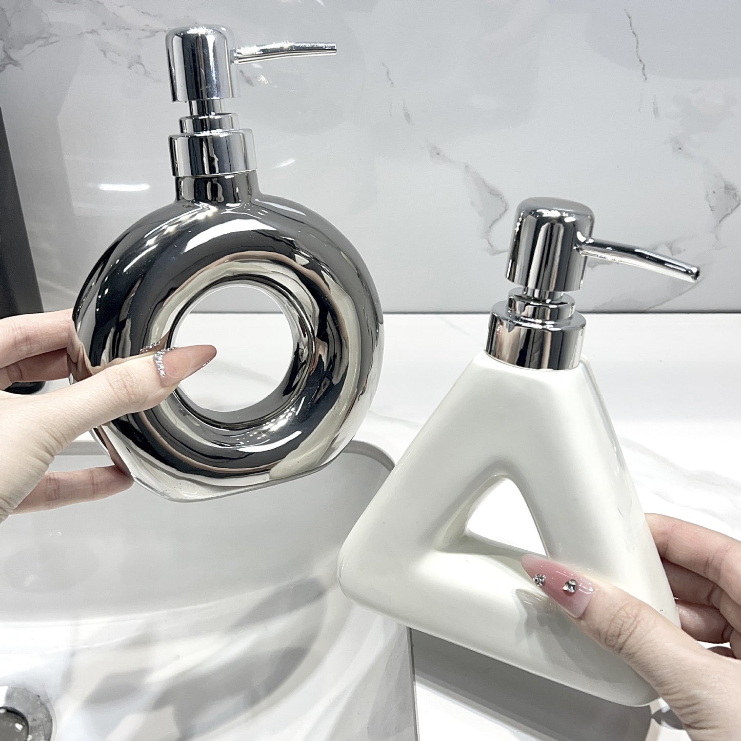 Modern Ceramic Soap & Lotion Dispenser - Unique Geometric Designs, 300ml Capacity(Triangular lotion bottle, silver)