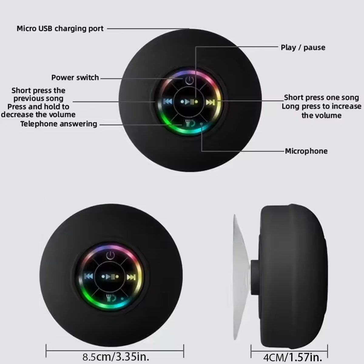 IPX4 Waterproof Bluetooth Shower Speaker with Suction Cup & LED Lights - Hands-Free Calling(black)