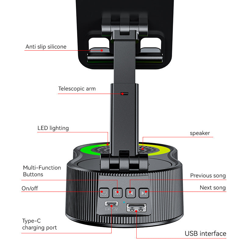 Foldable Bluetooth Speaker with 360 Rotating Phone/Tablet Stand & RGB Lights - HIFI Surround Sound(black)