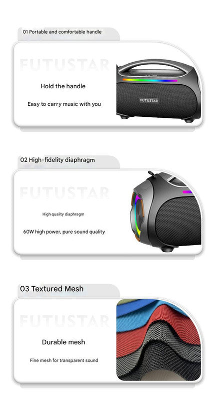 Portable Bluetooth 5.3 Speaker - 60W Powerful Sound, RGB Lights, Multiple Inputs(black)