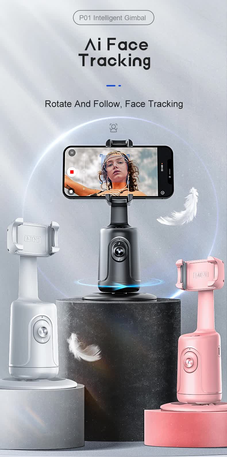 Black AI Smart Auto Tracking Phone Holder - 360° Rotation Face & Body Tracking Mount