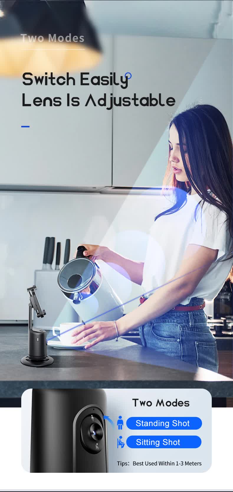 Black AI Smart Auto Tracking Phone Holder - 360° Rotation Face & Body Tracking Mount