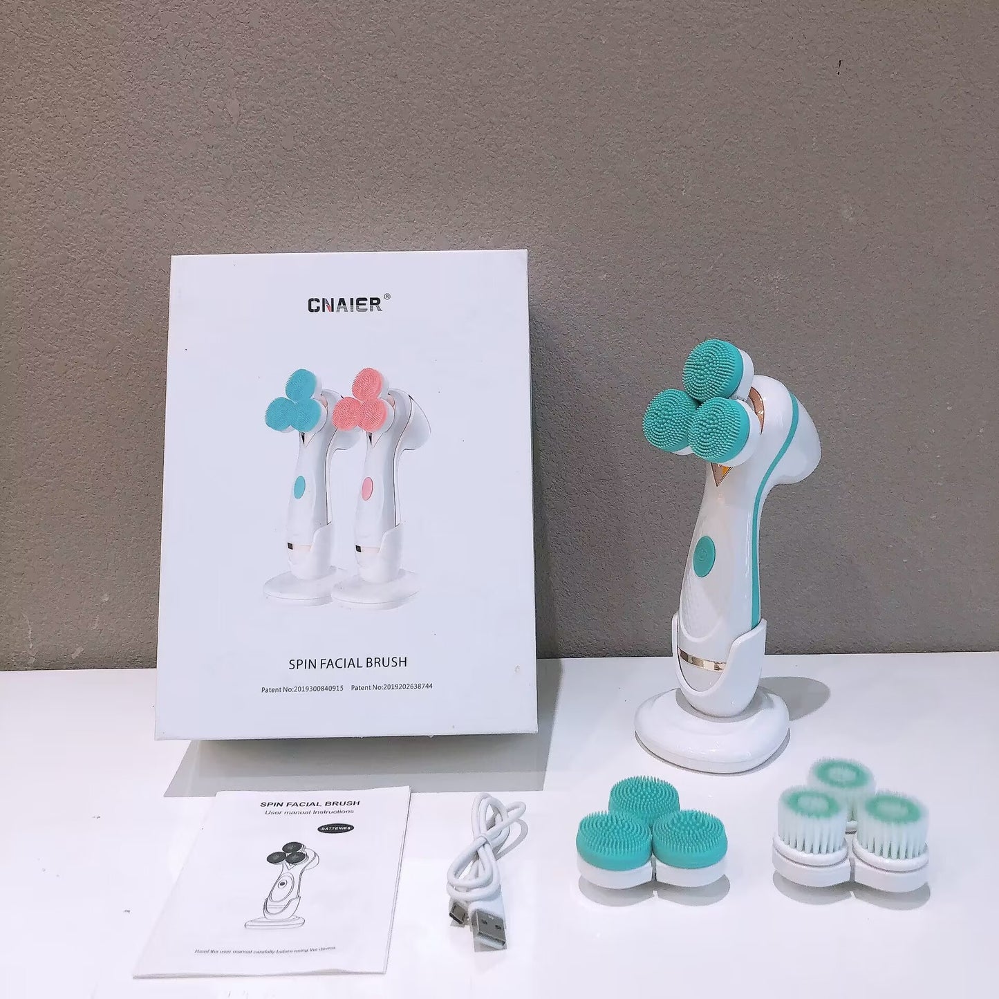 Blue 3-Head Electric Facial Cleansing Brush - Rechargeable Spin Scrubber Kit