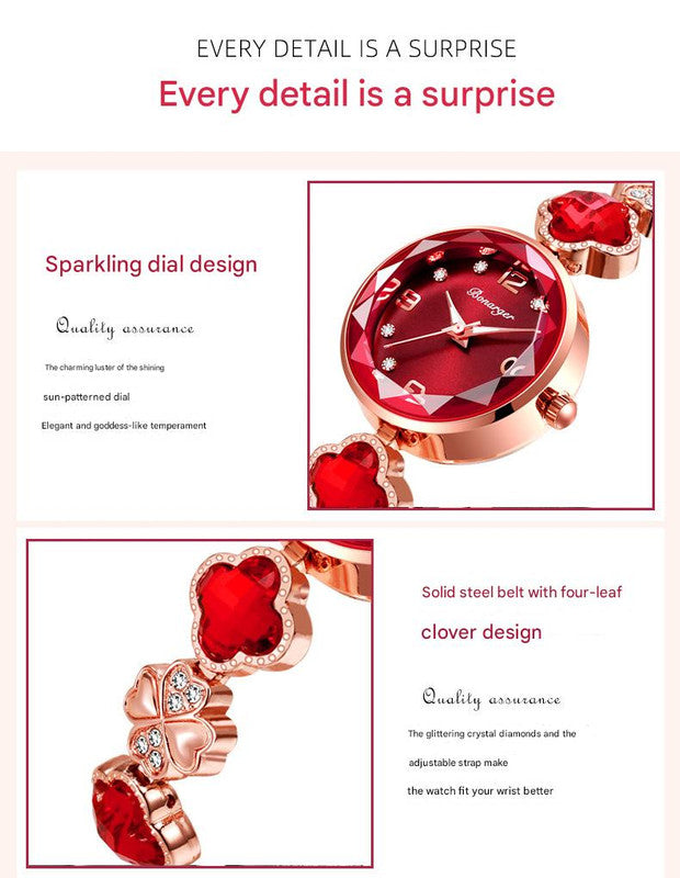 White Women's Four-Leaf Clover Quartz Watch with Red Dial and Crystal Accents