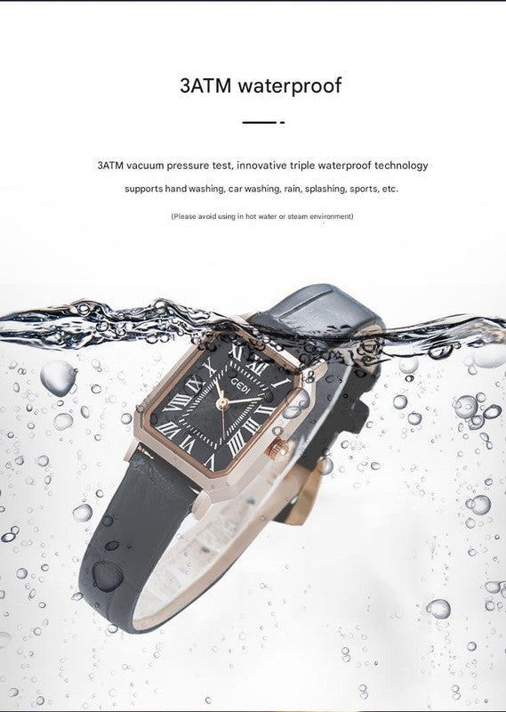 Rose gold shell, white plate, green belt Ladies Quartz Watch - Classic Rectangular, Leather Band