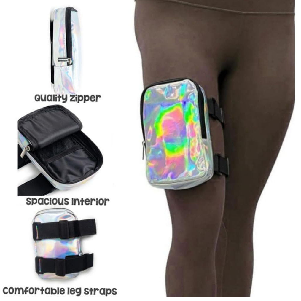 Green Shiny Holographic Thigh Holster Bag - Hands-Free Festival & Hiking Gear