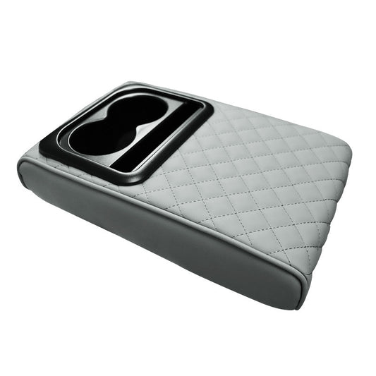 Gray Auto Center Console Armrest Riser Pad with Dual Cup Holders - PU Leather