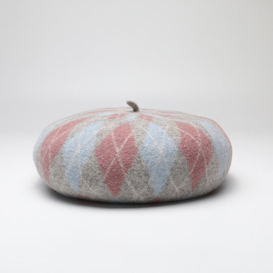 Diamond Colorblock Wool Beret - Stylish Plaid Painter Hat, Warm and Soft - (Pink)