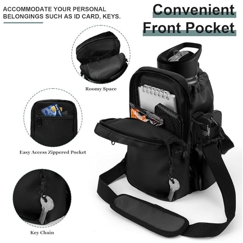Beige Portable Crossbody Water Bottle Holder with Multiple Pockets - Thermal Cooler Bag