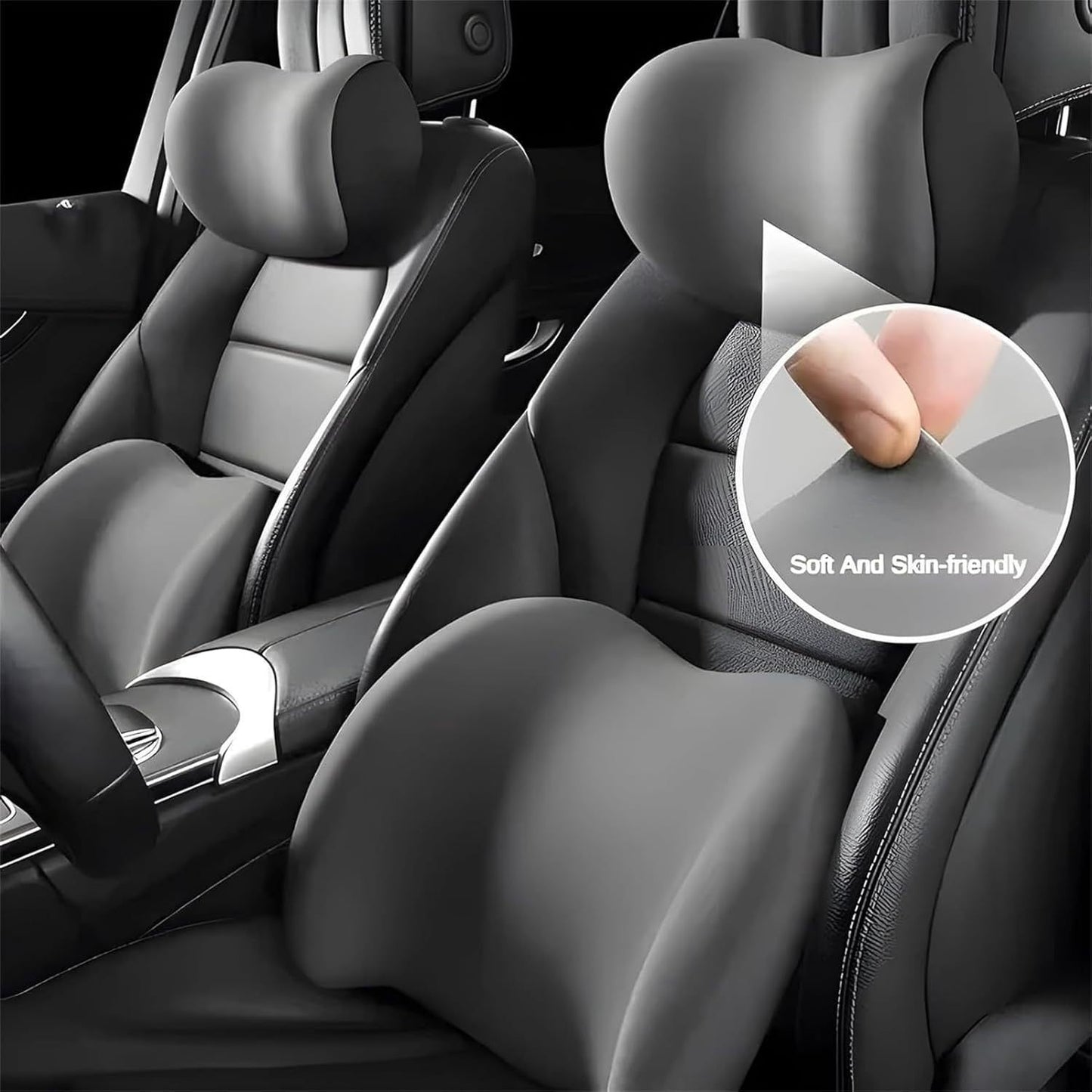 Black Ergonomic Memory Foam Car Headrest & Lumbar Support Cushion Set - Driving Comfort Neck & Back Pillow