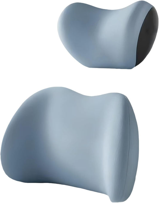 Blue Ergonomic Memory Foam Car Headrest & Lumbar Support Cushion Set - Driving Comfort Neck & Back Pillow