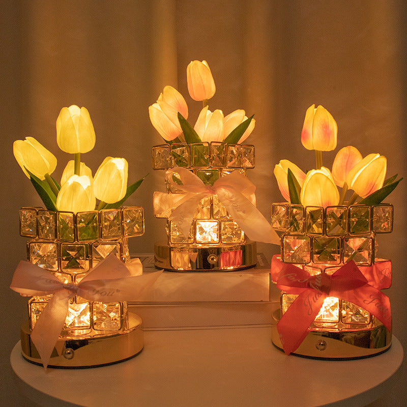 Pink Elegant Crystal Tulip LED Night Light - Rechargeable Touch Lamp with 3 Colors & Dimming