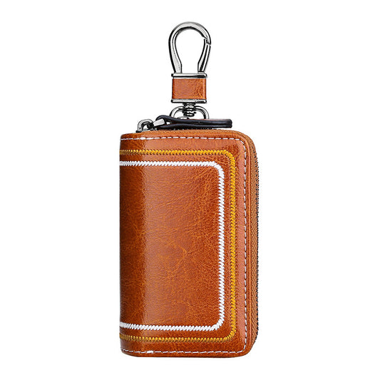 Brown Premium Genuine Leather Double Zipper Key Case - Car & House Key Organizer Pouch