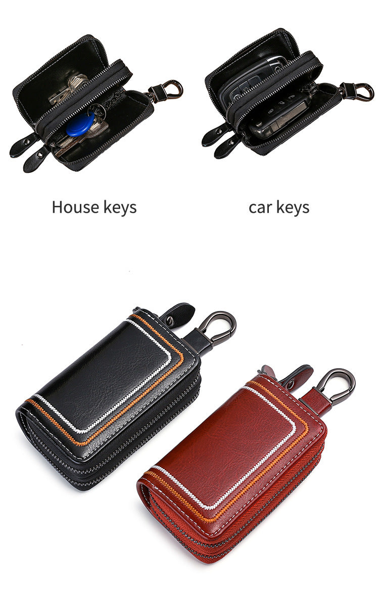 Red Premium Genuine Leather Double Zipper Key Case - Car & House Key Organizer Pouch