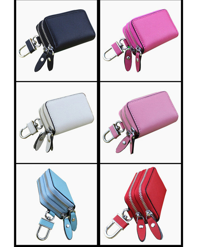 White Compact Crossgrain Leather Double Zipper Key Case - Stylish Car & Home Key Organizer