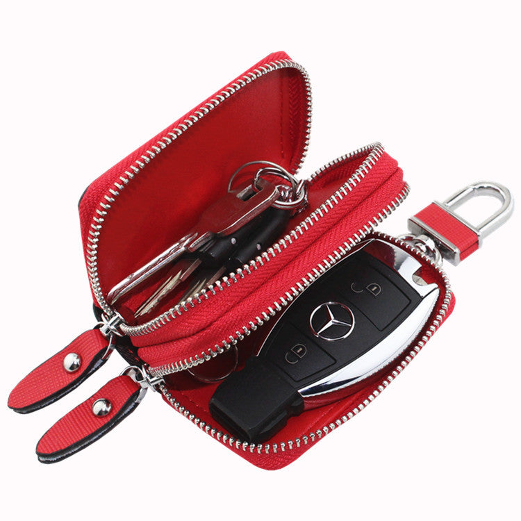 Light Pink Compact Crossgrain Leather Double Zipper Key Case - Stylish Car & Home Key Organizer