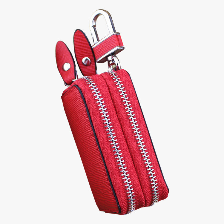 Light Pink Compact Crossgrain Leather Double Zipper Key Case - Stylish Car & Home Key Organizer