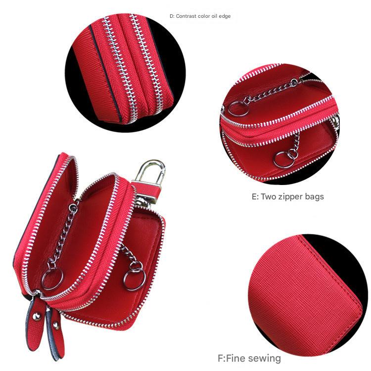 Light Pink Compact Crossgrain Leather Double Zipper Key Case - Stylish Car & Home Key Organizer