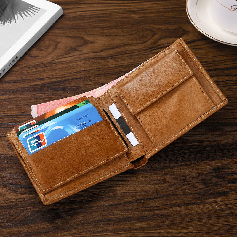 Brown Genuine Leather RFID Blocking Wallet for Men - Vintage Bifold with Coin Pocket & ID Window