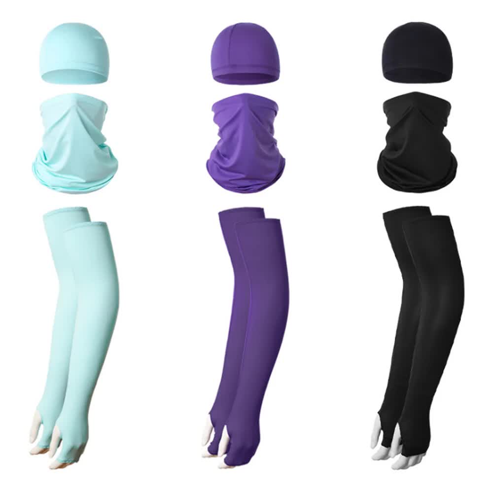 2 Sets Black Cooling UV Protection Set - 2 Skull Cap, 2 Neck Gaiter & 4 Arm Sleeves for Outdoor Sports