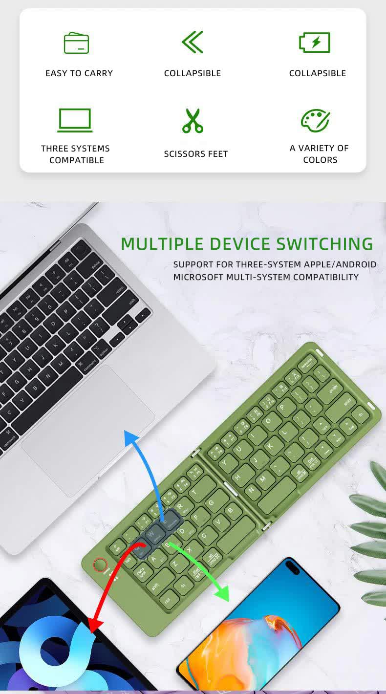 Black Ultra-Slim Foldable Bluetooth Keyboard - Portable Wireless Rechargeable Travel Keyboard for iOS Android Windows Devices
