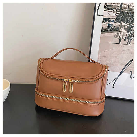 Brown Large Capacity Double Layer PU Leather Makeup Bag - Portable Travel Cosmetic Organizer Case
