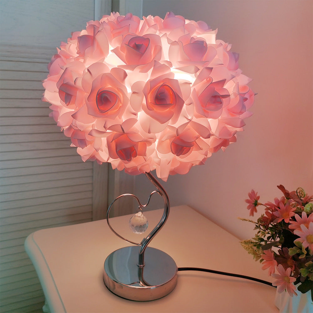 Red Roses And Silver Base Romantic Red Rose Flower Table Lamp - Crystal Heart Accent Bedside Night Light