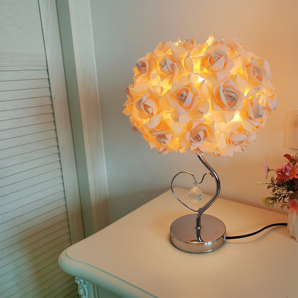 Red Roses And Silver Base Romantic Red Rose Flower Table Lamp - Crystal Heart Accent Bedside Night Light