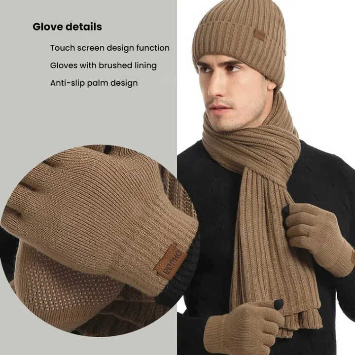 Dark Grey Men's 3-Piece Winter Warm Ribbed Knit Beanie Hat Scarf and Gloves Set