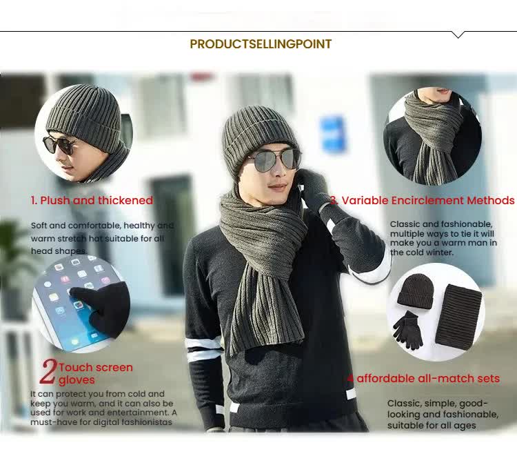 Dark Grey Men's 3-Piece Winter Warm Ribbed Knit Beanie Hat Scarf and Gloves Set