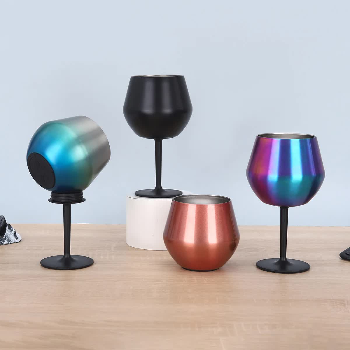 2 Pcs Black Detachable Stainless Steel Wine Glass - 14oz (420ml) Portable Stemmed Goblet for Outdoors & Travel