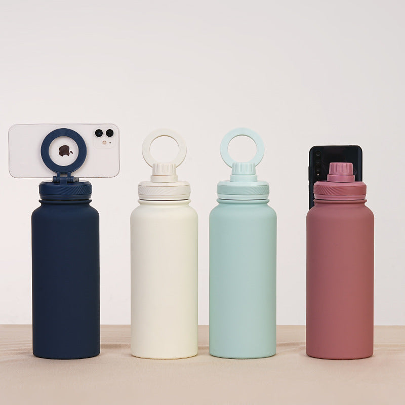Orange 1L Stainless Steel Water Bottle with Magnetic Phone Holder Lid - Portable Hydration & Hands-Free Stand