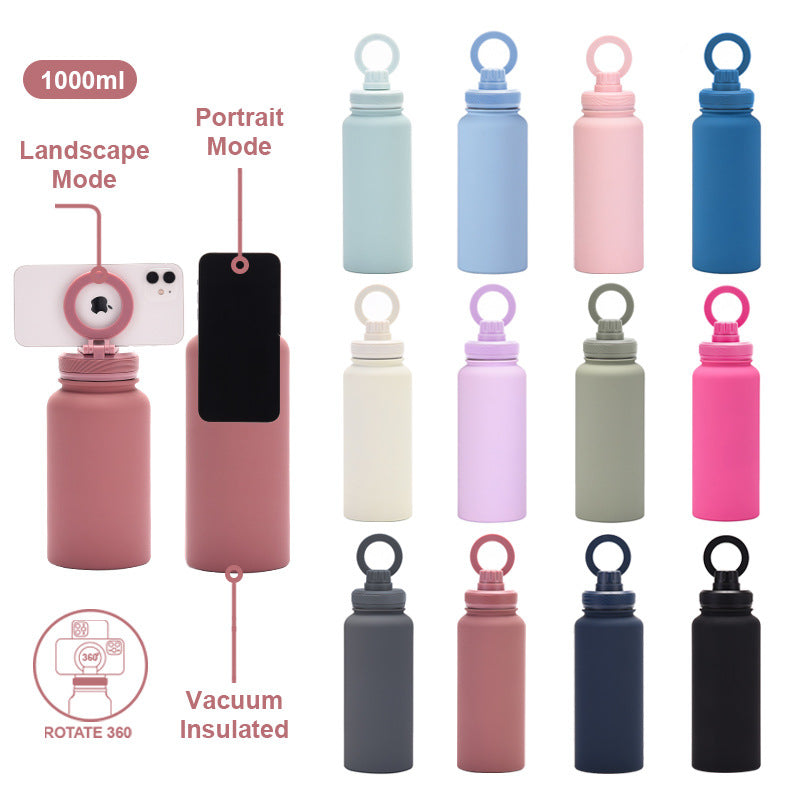 Light Blue 1L Stainless Steel Water Bottle with Magnetic Phone Holder Lid - Portable Hydration & Hands-Free Stand