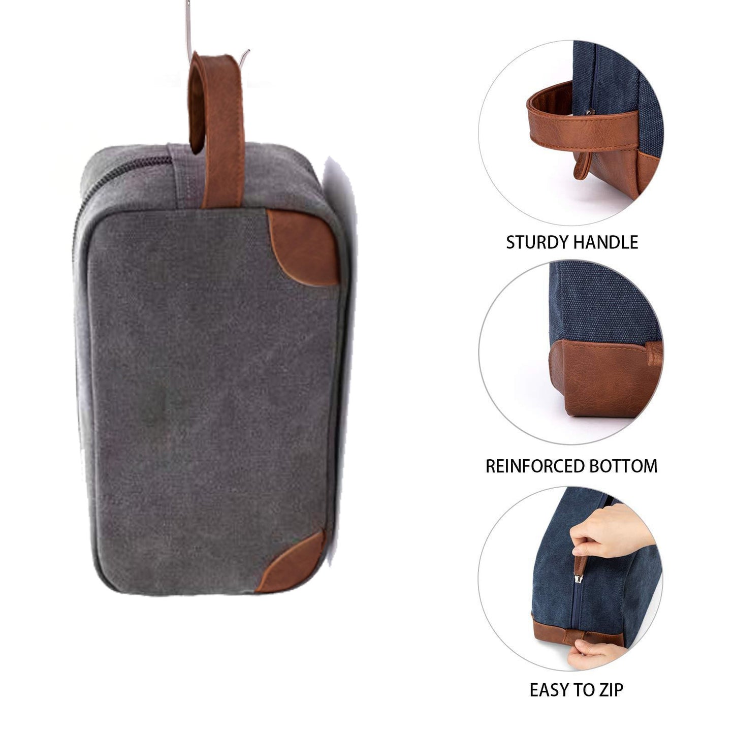 Grey And Brown Men's Canvas Toiletry Bag - Large Capacity Water-Resistant Travel Organizer Dopp Kit with Handle